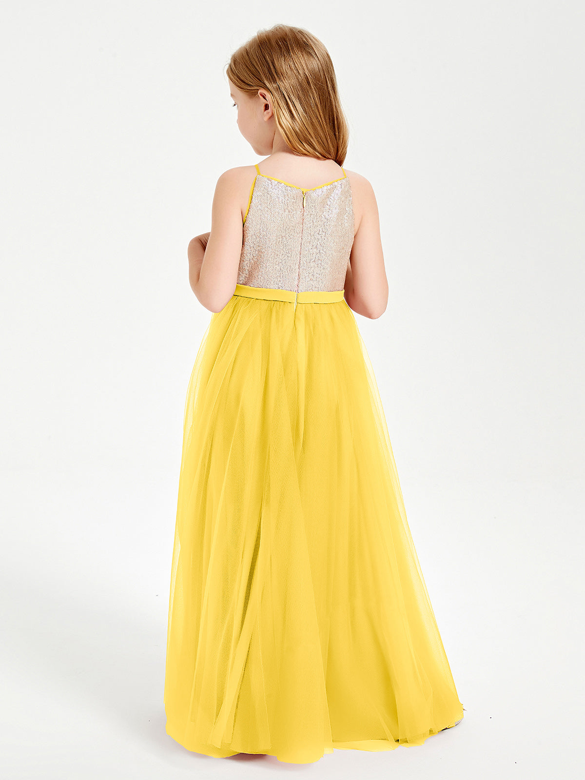 Long Junior Bridesmaid Gown Sequined Top Tulle Skirt Marigold